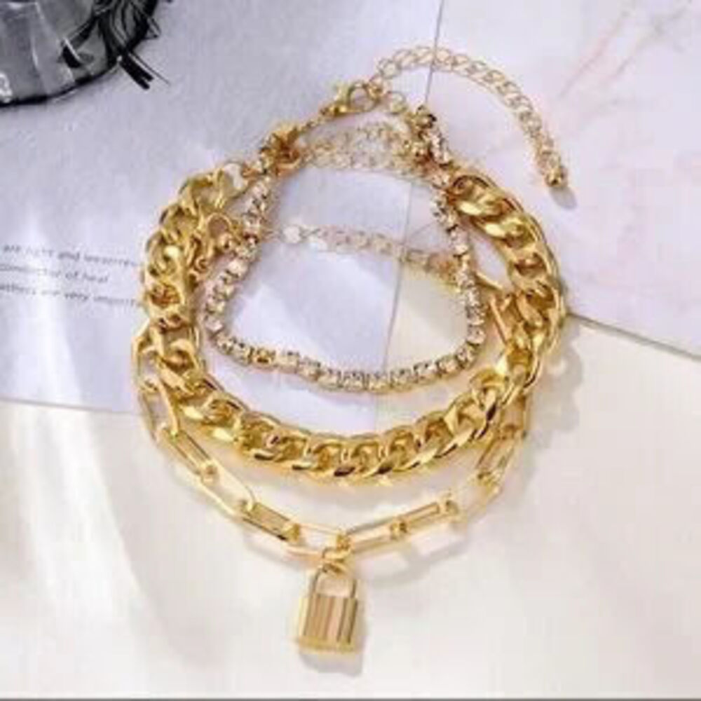 Gold 3pc Rhinestone Lock Bracelet Set - Picture 2 of 3